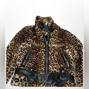 EUC BLANK NYC Leopard print faux Fur motorcycle coat